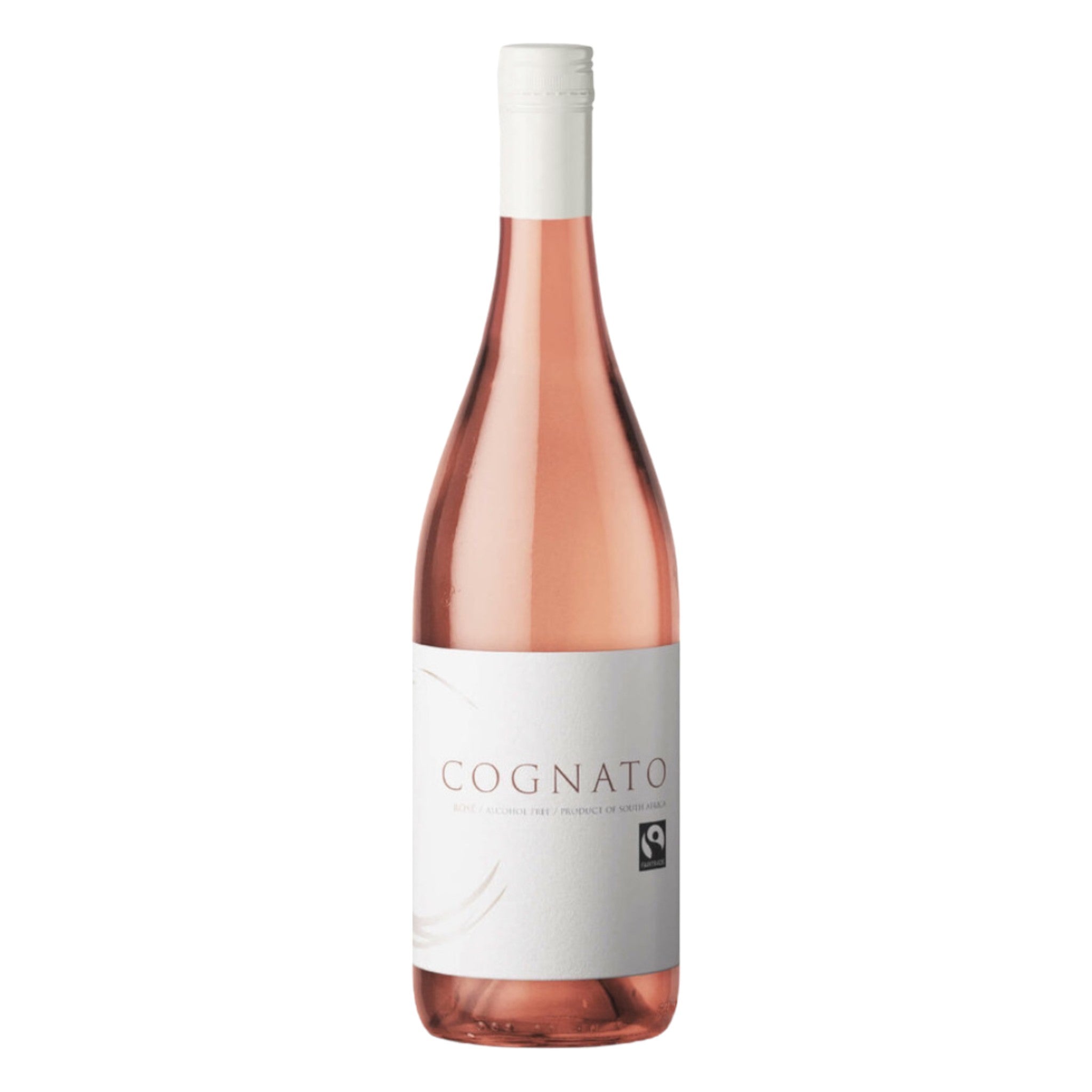 Elegant bottle of Cognato Pinotage Cinsault alcohol-free rosé wine with a detailed label, displayed on a clean white background, showcasing its refined design and blush pink colour.