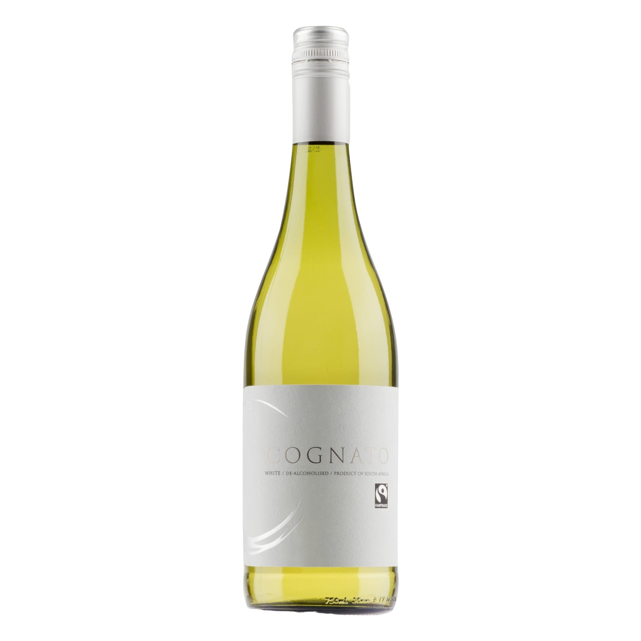 Elegant bottle of Cognato Chenin Blanc alcohol-free white wine with a detailed label, displayed on a clean white background, showcasing its refined design and light yellow colour.