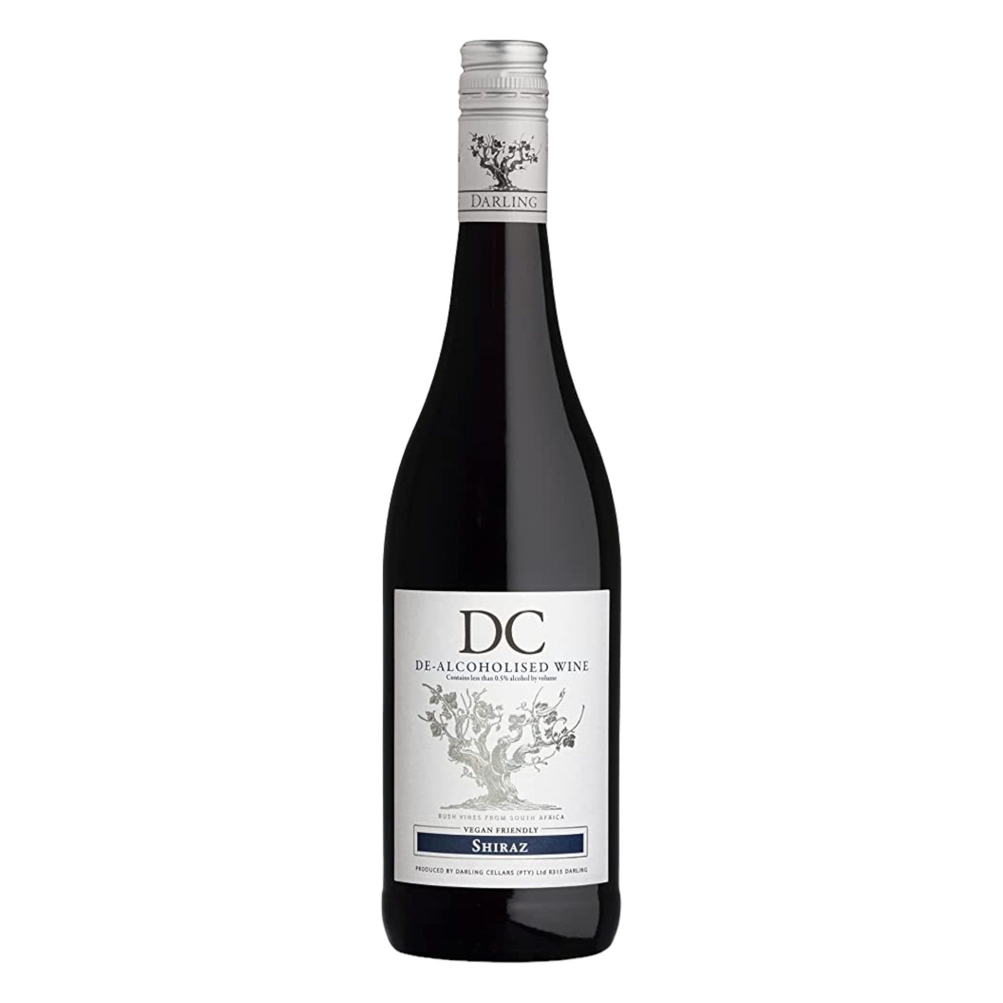 Elegant bottle of Darling Cellars alcohol-free red wine with a detailed label, displayed on a clean white background, showcasing its refined design and deep red colour.