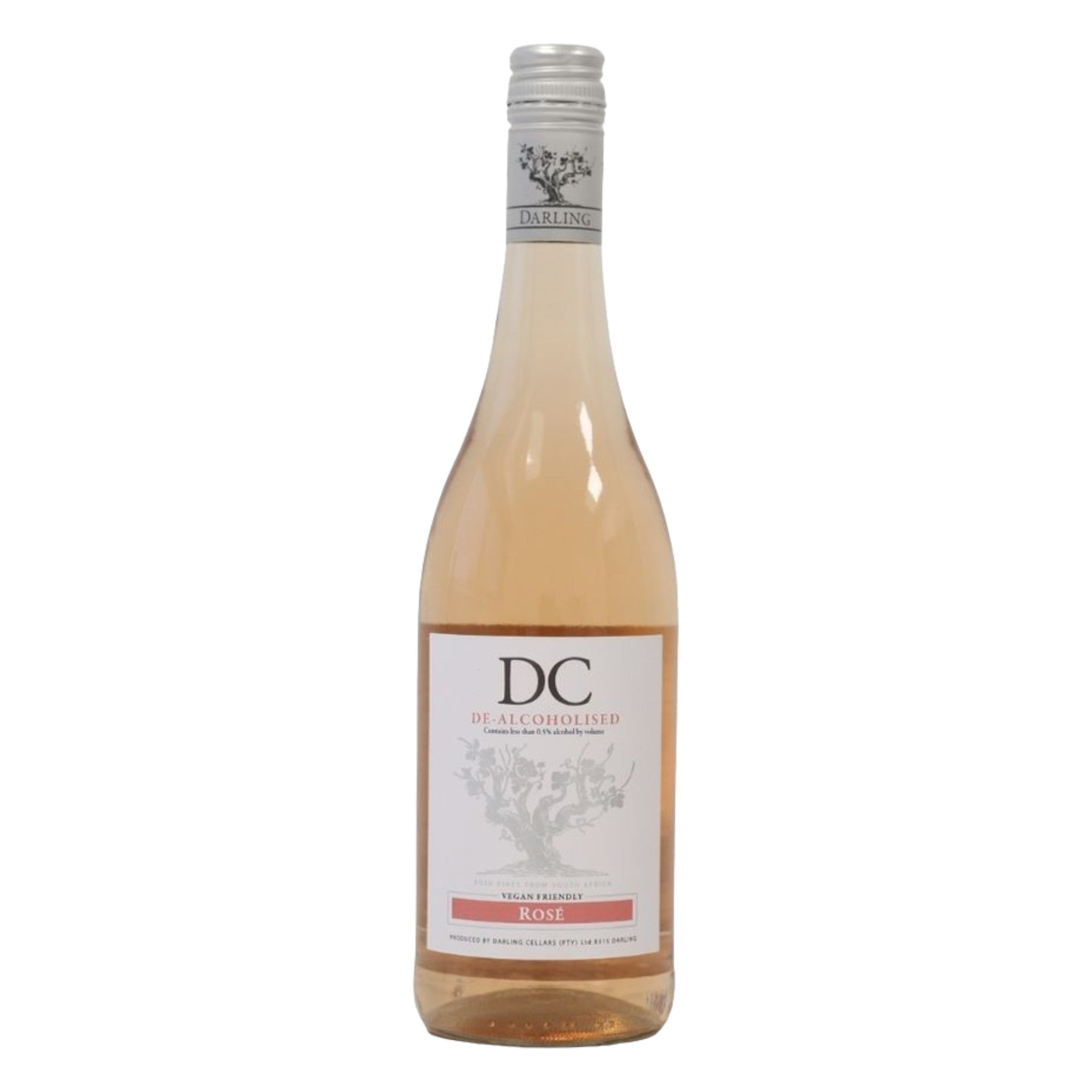 Elegant bottle of Darling Cellars Sauvignon Blanc alcohol-free rosé wine with a detailed label, displayed on a clean white background, showcasing its refined design and soft pink colour.