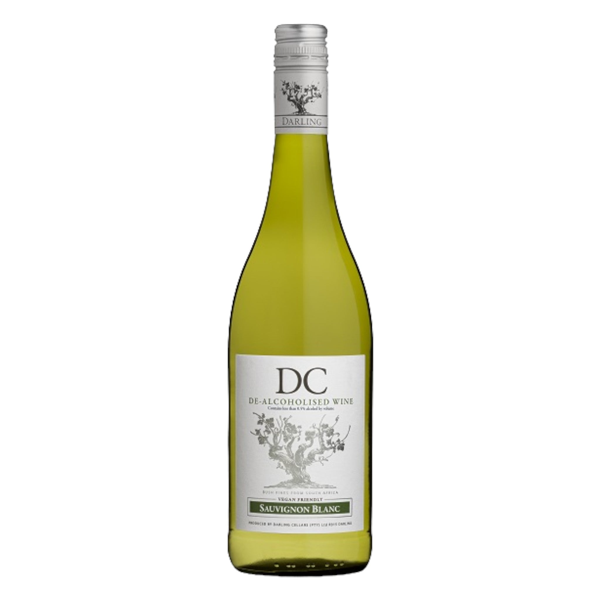 Elegant bottle of Darling Cellars alcohol-free white wine with a detailed label, displayed on a clean white background, showcasing its refined design and light yellow colour.