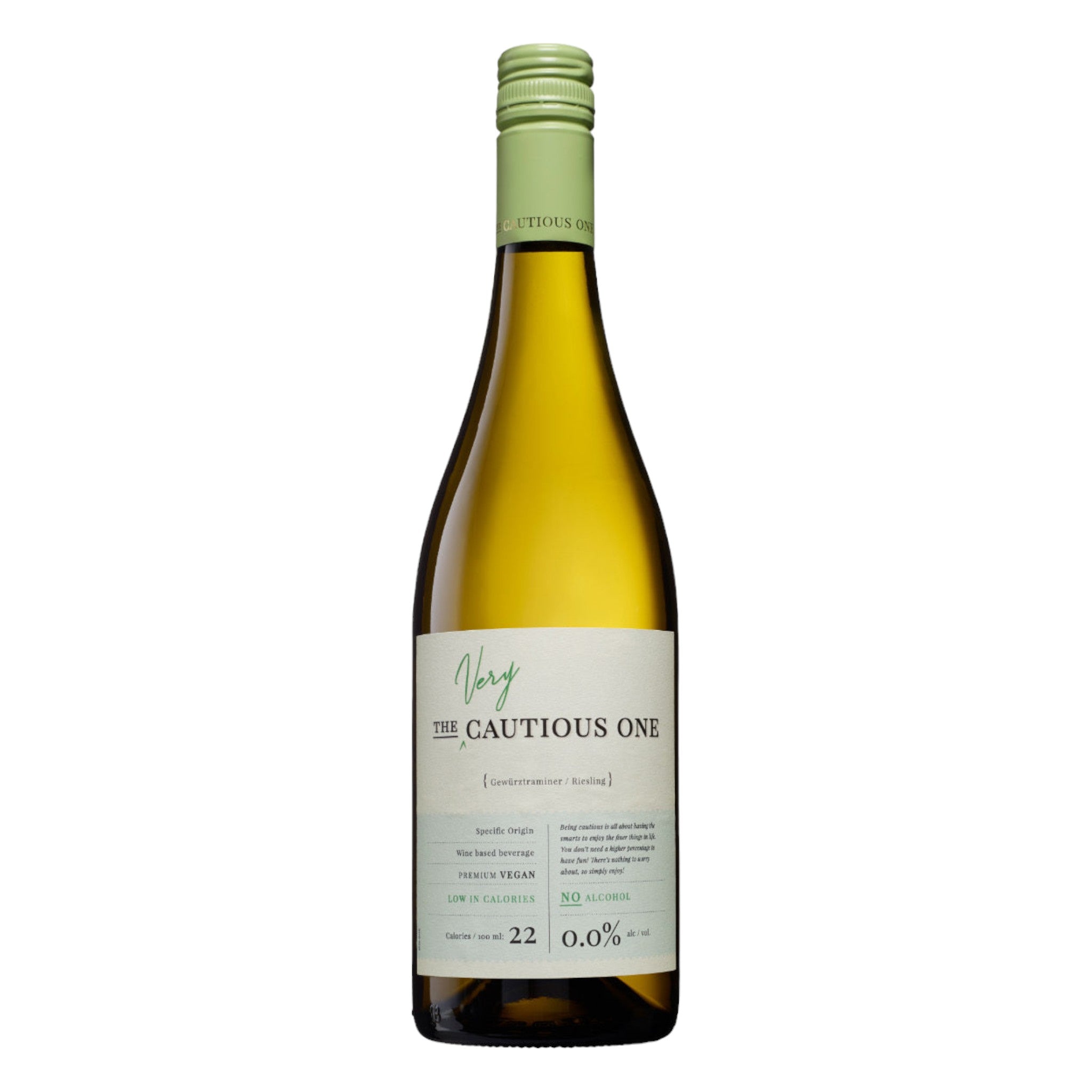 Elegant bottle of De Bortoli The Very Cautious Riesling alcohol-free white wine with a detailed label, displayed on a clean white background, showcasing its refined design and pale yellow colour.