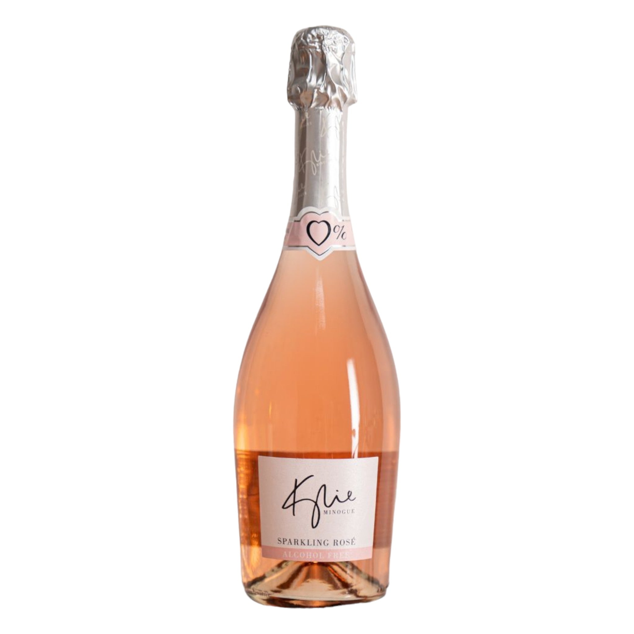 Elegant bottle of Kylie alcohol-free sparkling rosé wine with a detailed label, displayed on a clean white background, showcasing its refined design and blush pink colour.
