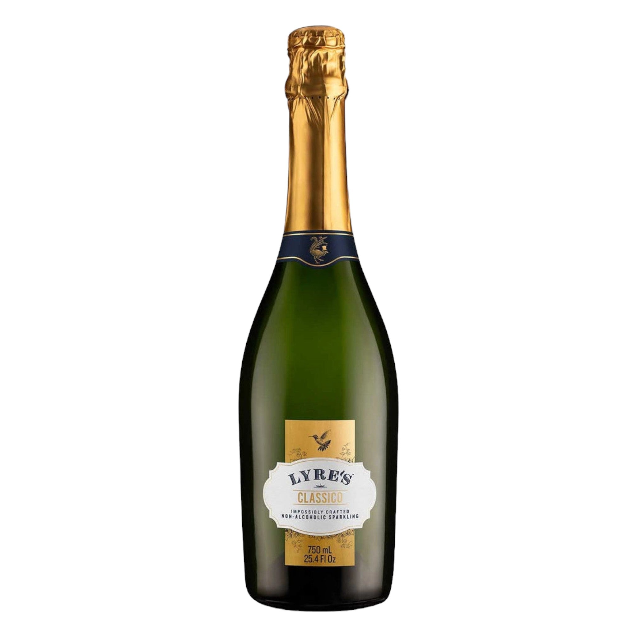 Elegant bottle of Lyre's Classico alcohol-free sparkling wine with a detailed label, displayed on a clean white background, showcasing its refined design and clear, sparkling colour.