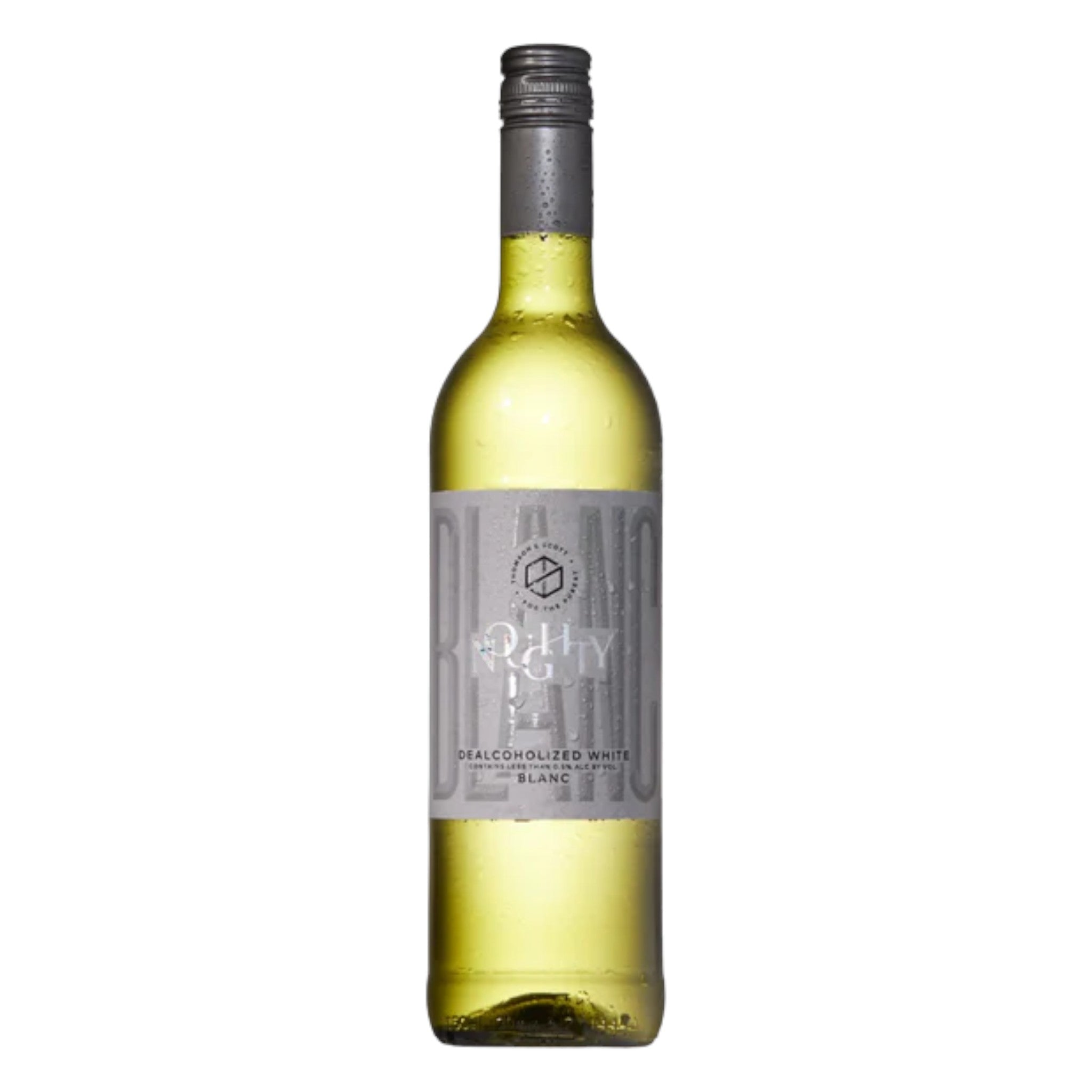 Elegant bottle of Thomson & Scott Noughty alcohol-free white wine with a detailed label, displayed on a clean white background, showcasing its refined design and light yellow color.