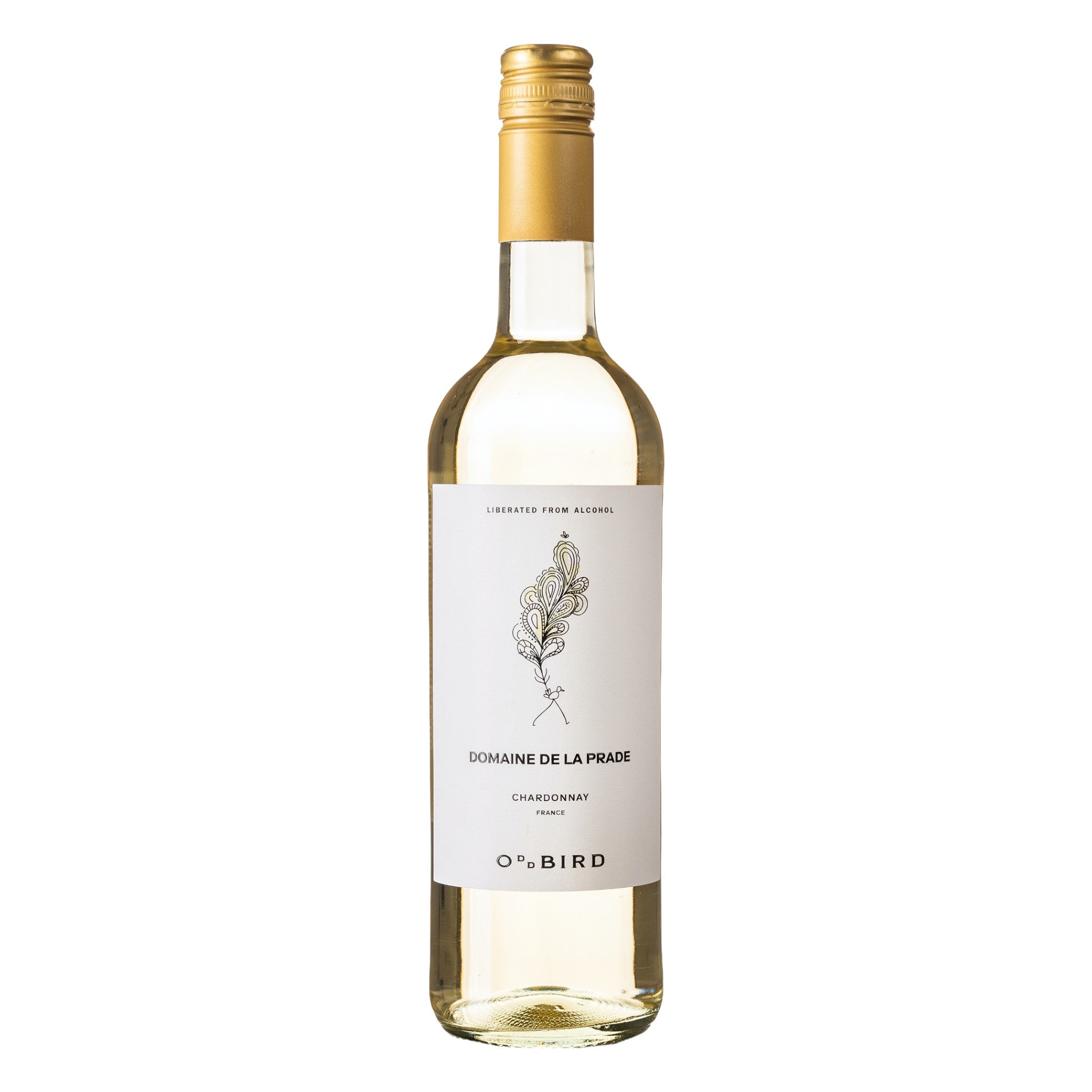 Elegant bottle of Oddbird Domaine De La Prade alcohol-free white wine with a detailed label, displayed on a clean white background, showcasing its refined design and light yellow colour.