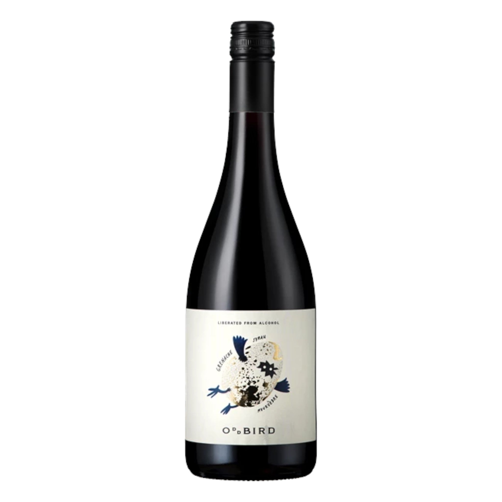 Elegant bottle of Oddbird Domaine GSM alcohol-free red wine with a detailed label, displayed on a clean white background, showcasing its refined design and deep red colour.