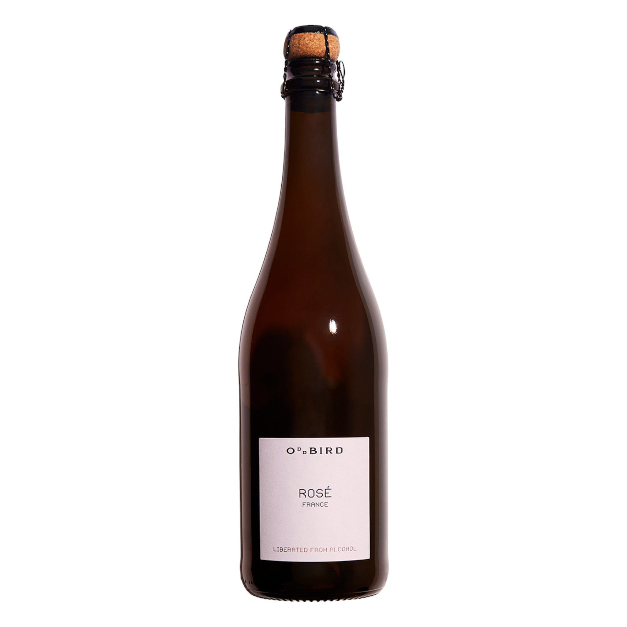 Elegant bottle of Oddbird alcohol-free sparkling rosé wine with a detailed label, displayed on a clean white background, showcasing its refined design and blush pink color.