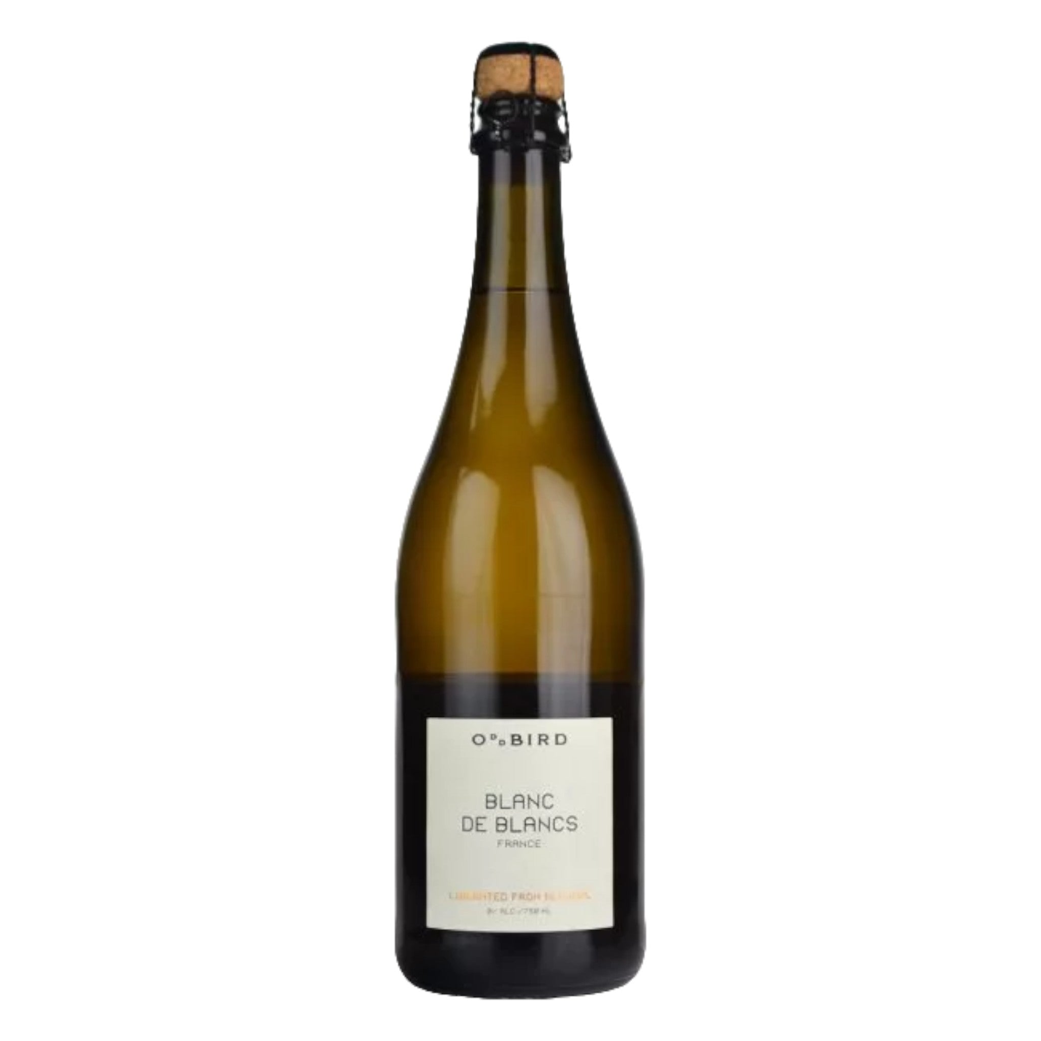 Elegant bottle of Oddbird alcohol-free sparkling wine with a detailed label, displayed on a clean white background, showcasing its refined design and clear, sparkling color.