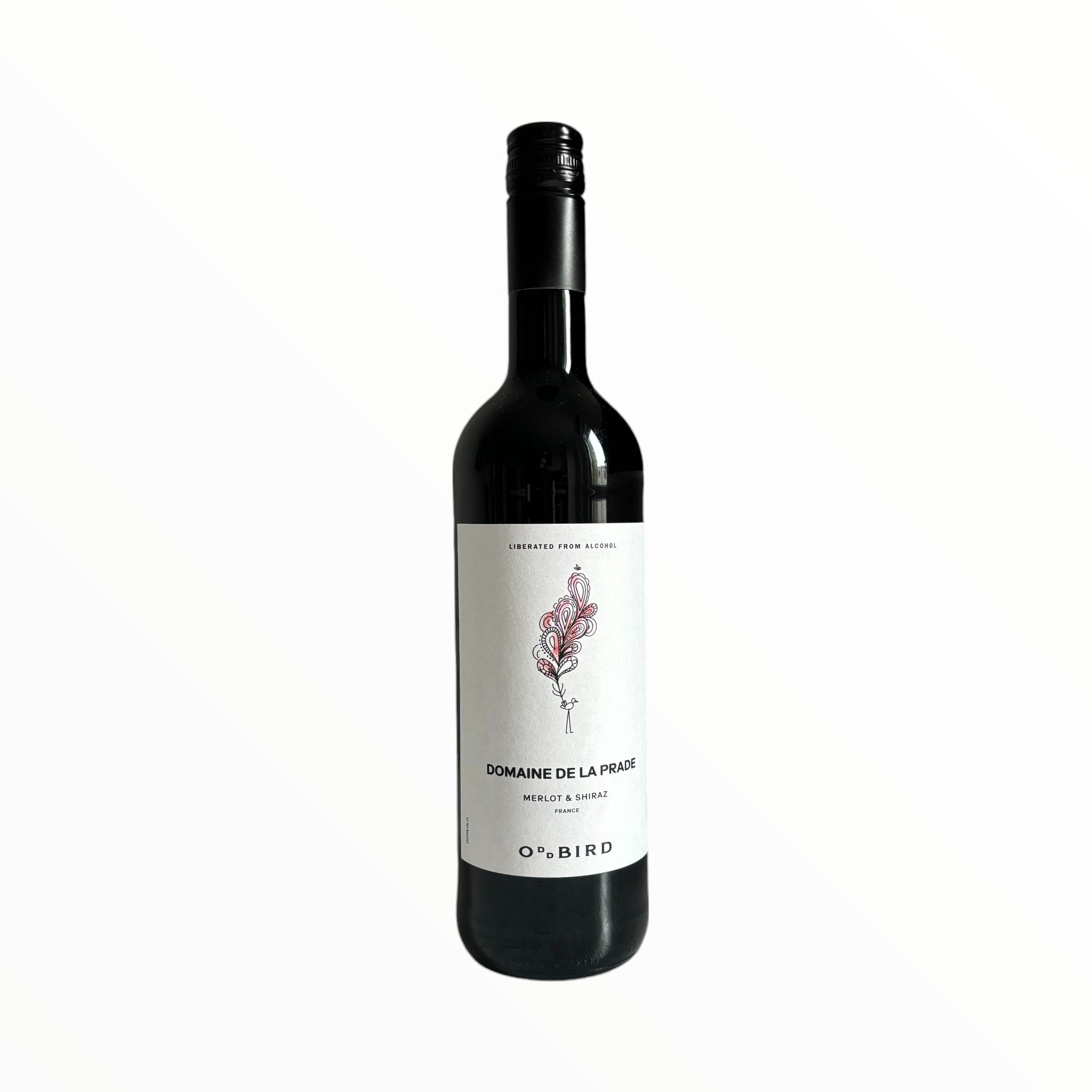 Elegant bottle of Oddbird Domaine De La Trade alcohol-free red wine with a detailed label, displayed on a clean white background, showcasing its refined design and deep red colour.