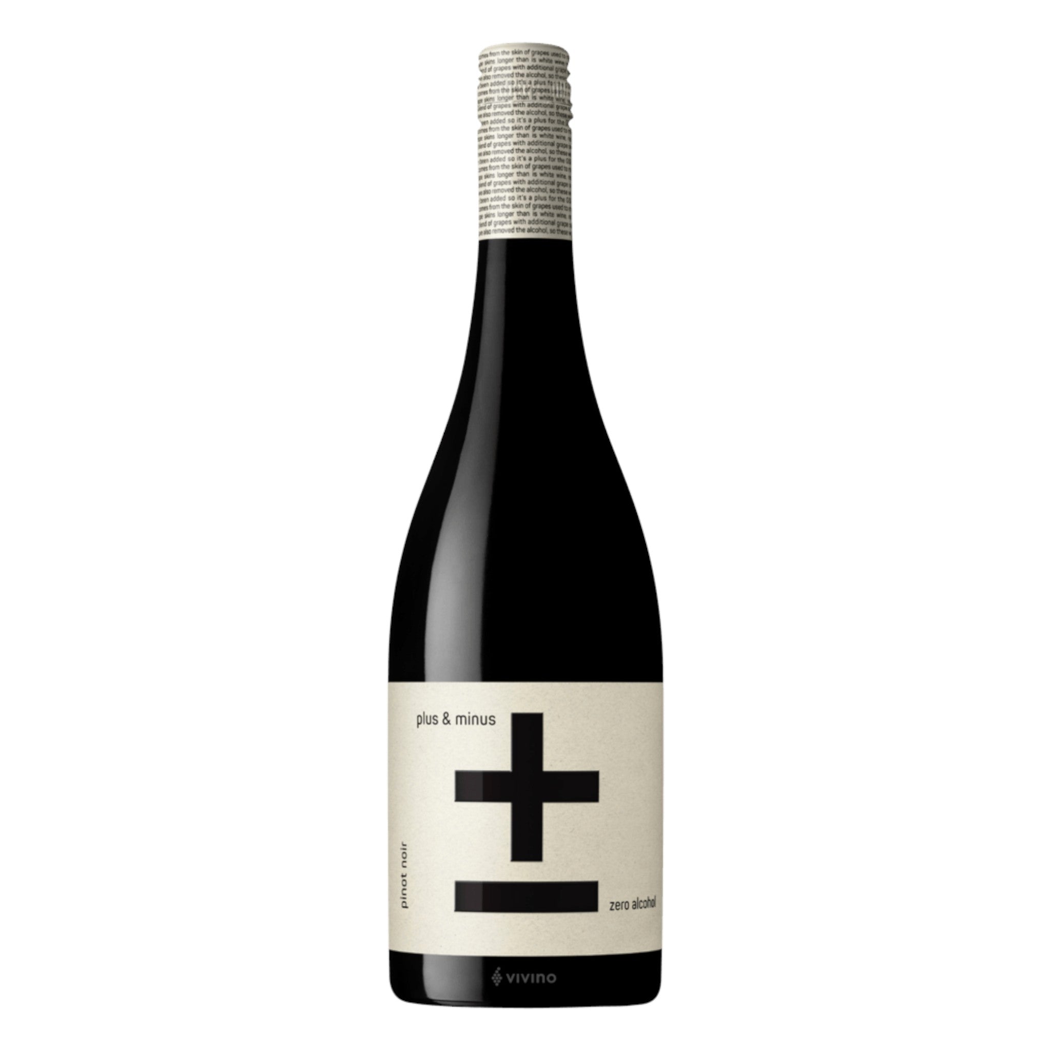 Elegant bottle of Plus & Minus Pinot Noir alcohol-free red wine with a detailed label, displayed on a clean white background, showcasing its refined design and deep red color.