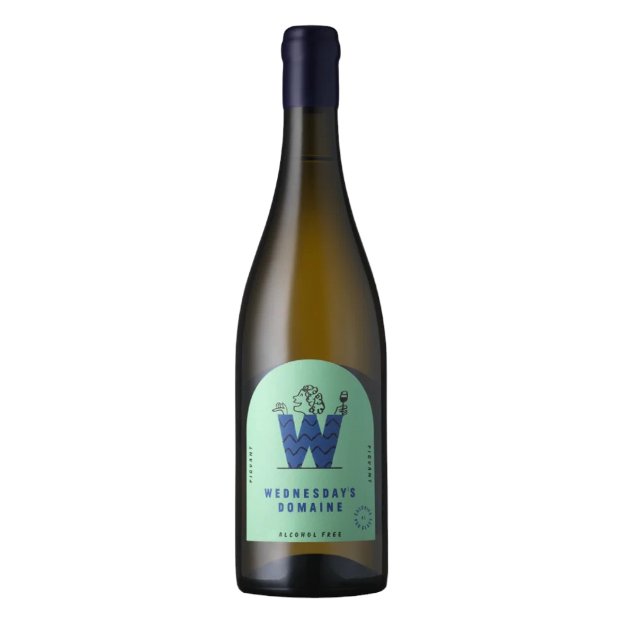 Elegant bottle of Wednesday’s Domaine Piquant alcohol-free white wine with a detailed label, displayed on a clean white background, showcasing its refined design and light yellow color.