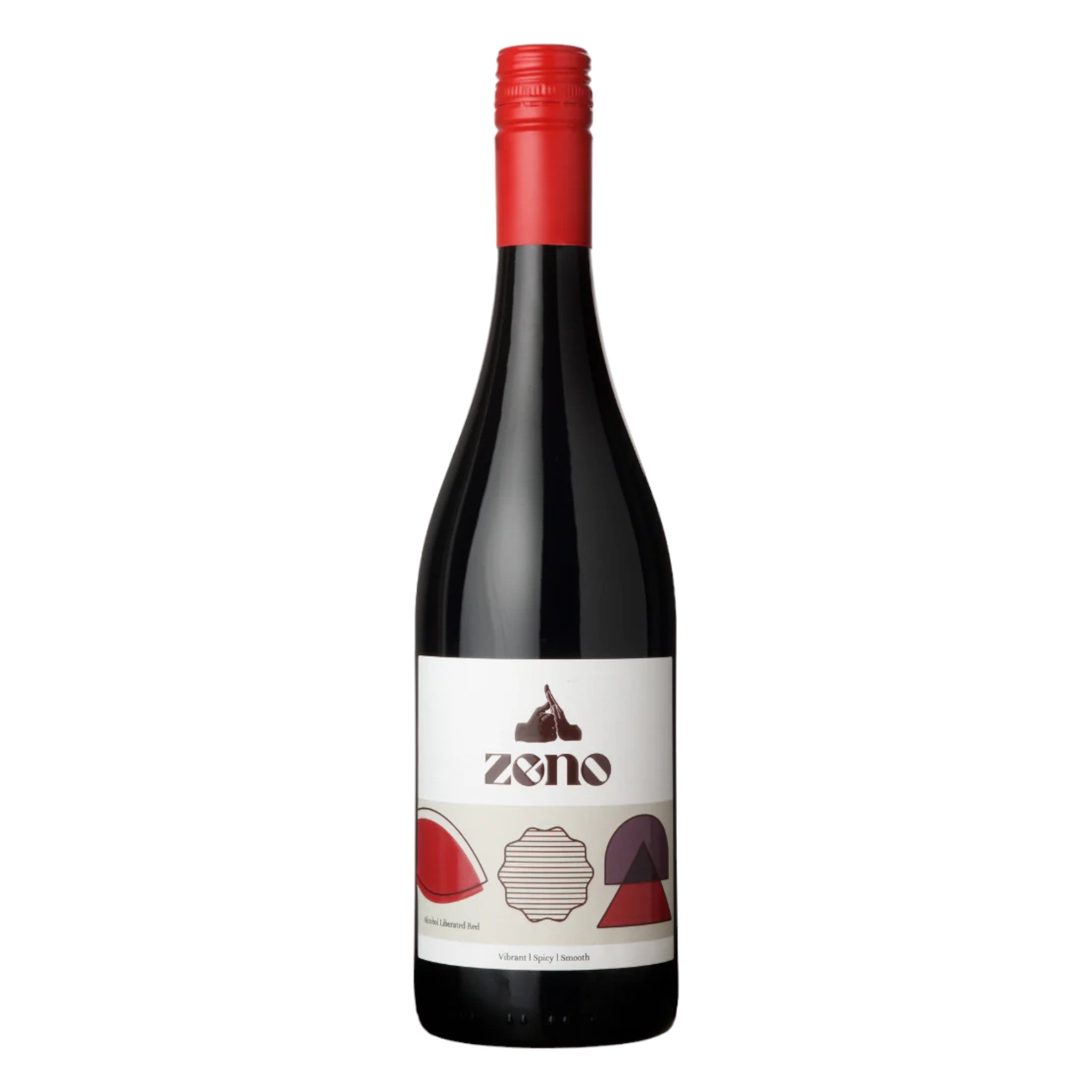 Elegant bottle of Zeno alcohol-free red wine with a detailed label, displayed on a clean white background, showcasing its refined design and deep red color.