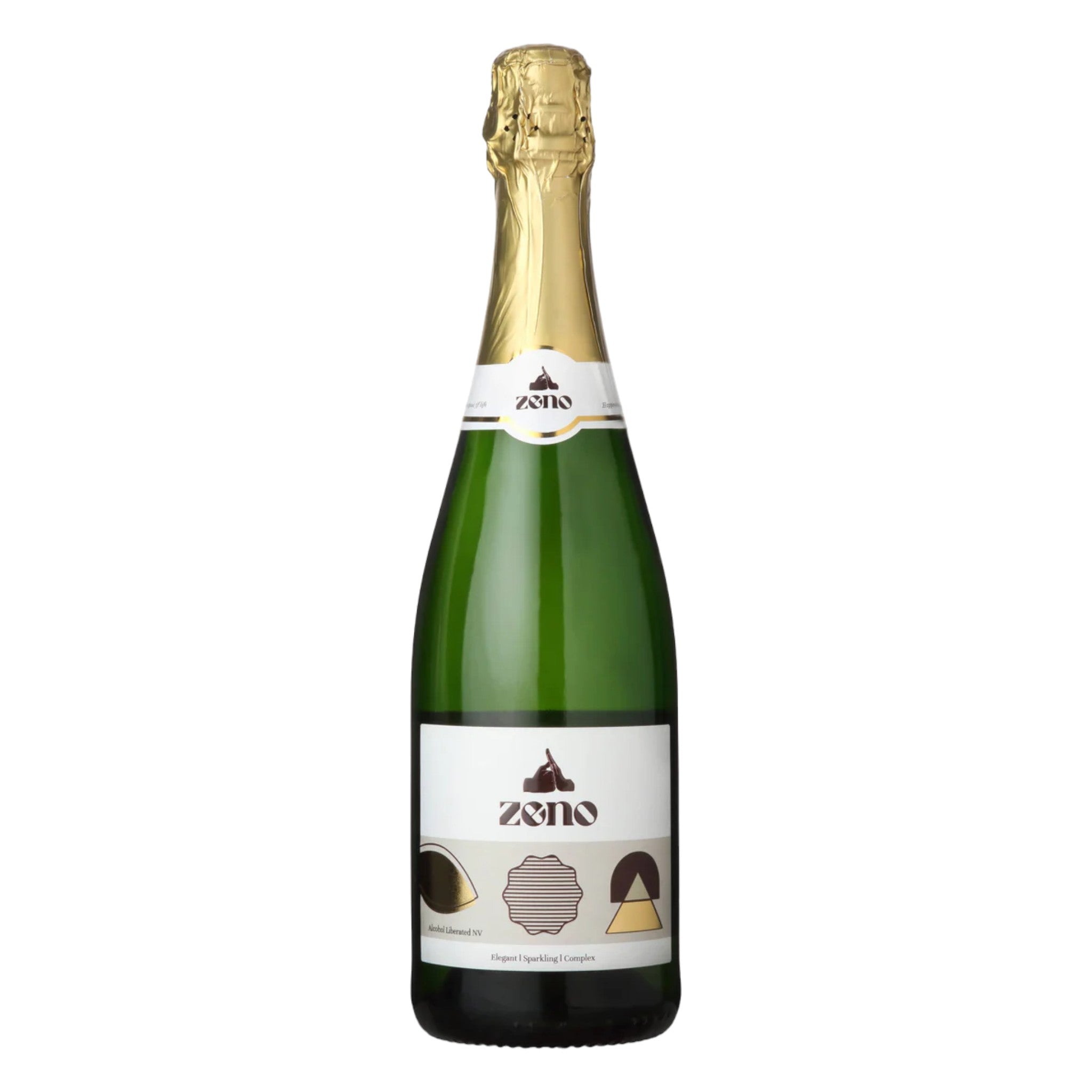 Elegant bottle of Zeno alcohol-free sparkling wine with a detailed label, displayed on a clean white background, showcasing its refined design and clear, sparkling color.
