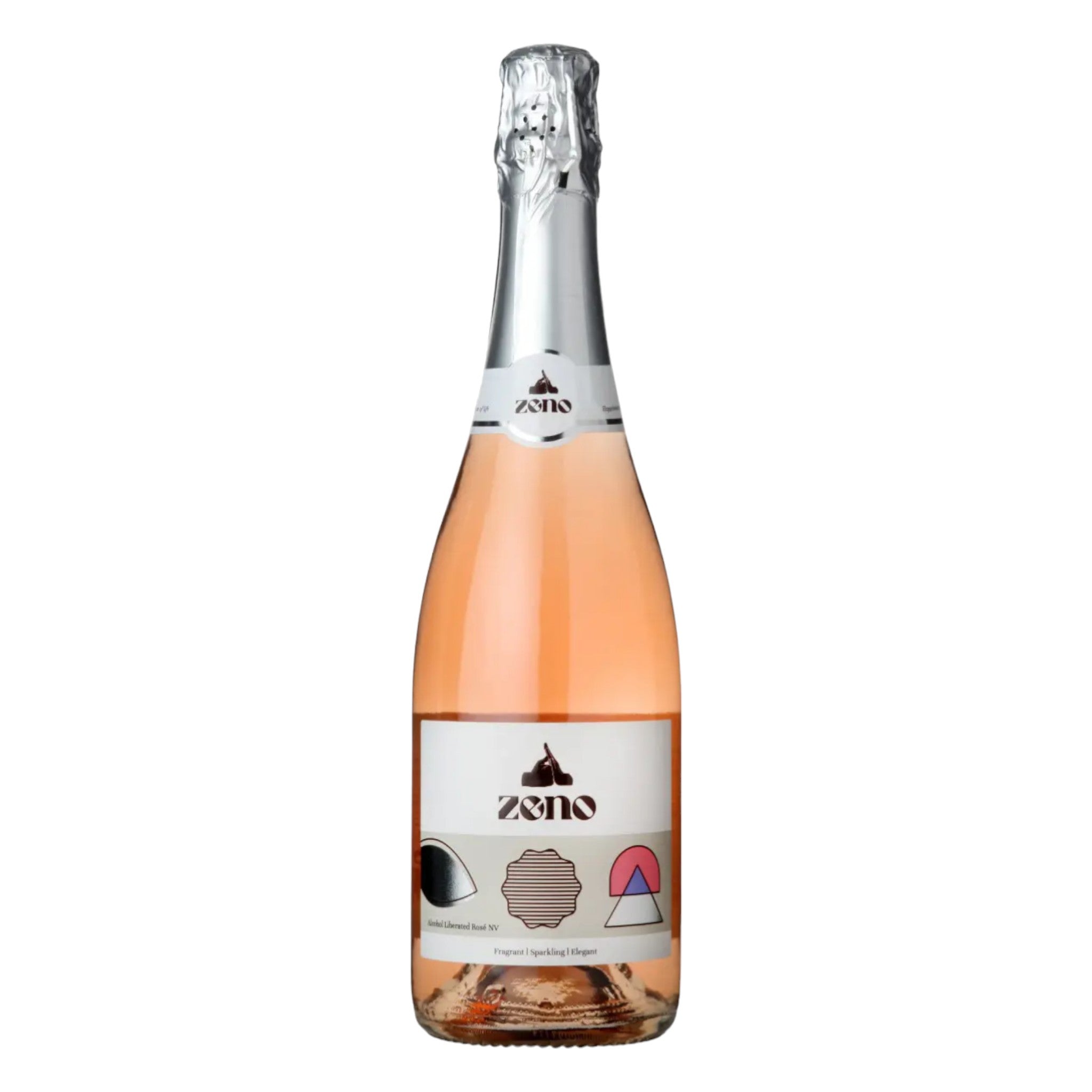 Elegant bottle of Zeno alcohol-free sparkling rosé wine with a detailed label, displayed on a clean white background, showcasing its refined design and blush pink color.