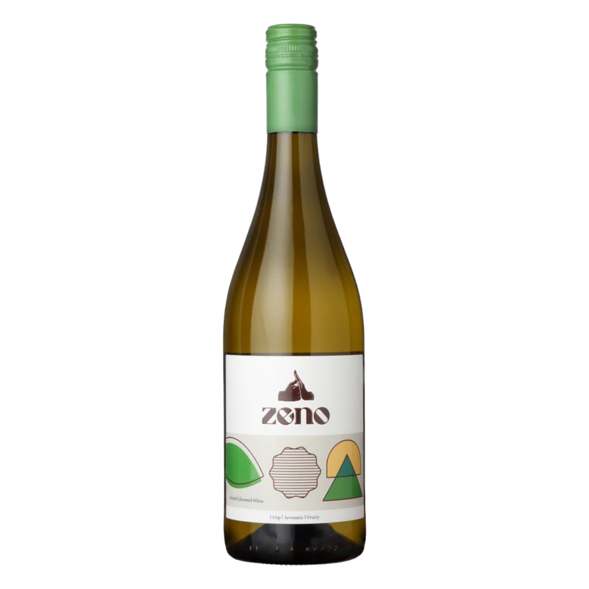 Elegant bottle of Zeno Macabeo alcohol-free white wine with a detailed label, displayed on a clean white background, showcasing its refined design and pale yellow color.