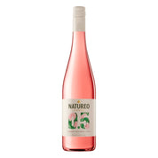 Elegant bottle of Torres Natureo alcohol-free rosé wine with a detailed label, displayed on a clean white background, showcasing its refined design and blush pink color.