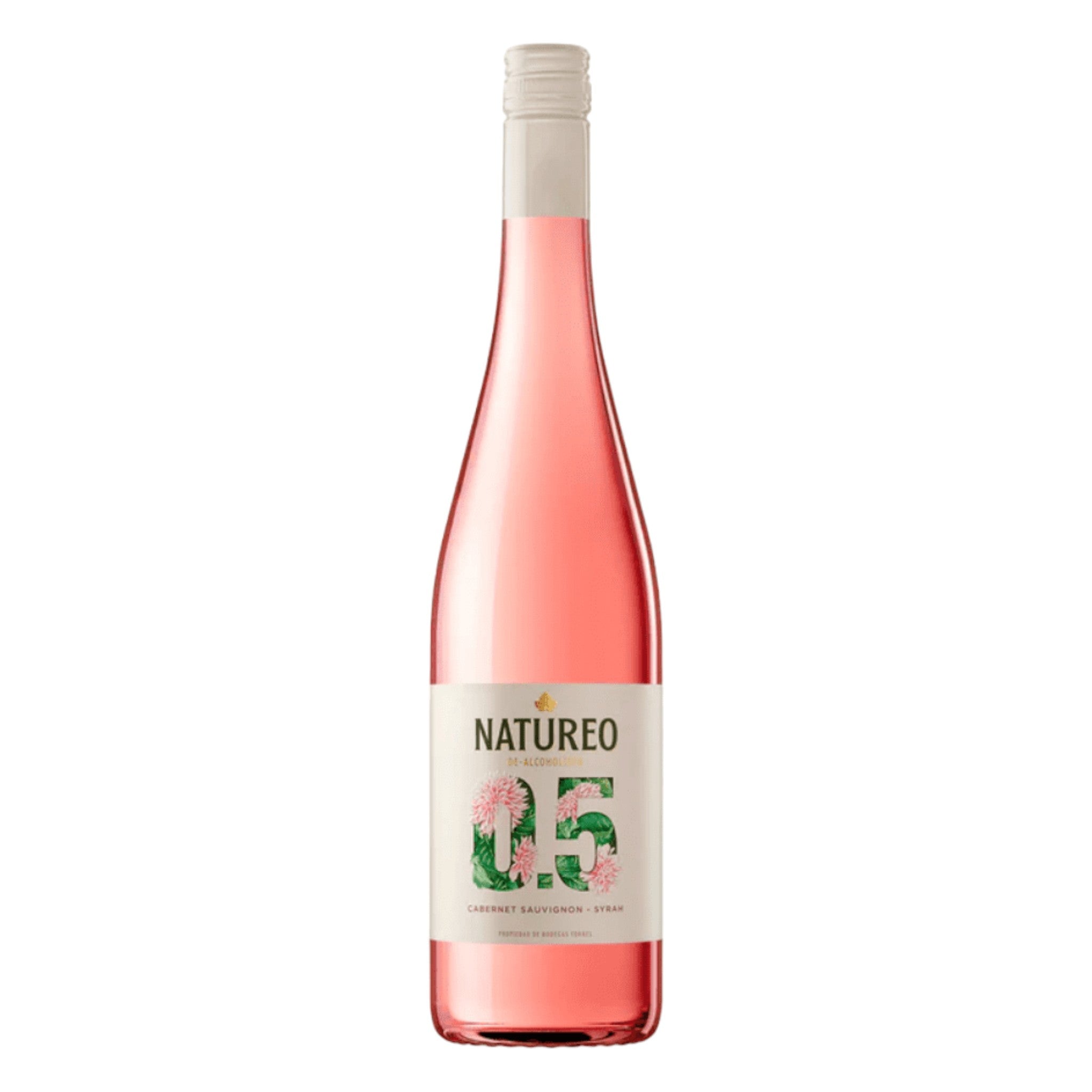 Elegant bottle of Torres Natureo alcohol-free rosé wine with a detailed label, displayed on a clean white background, showcasing its refined design and blush pink color.