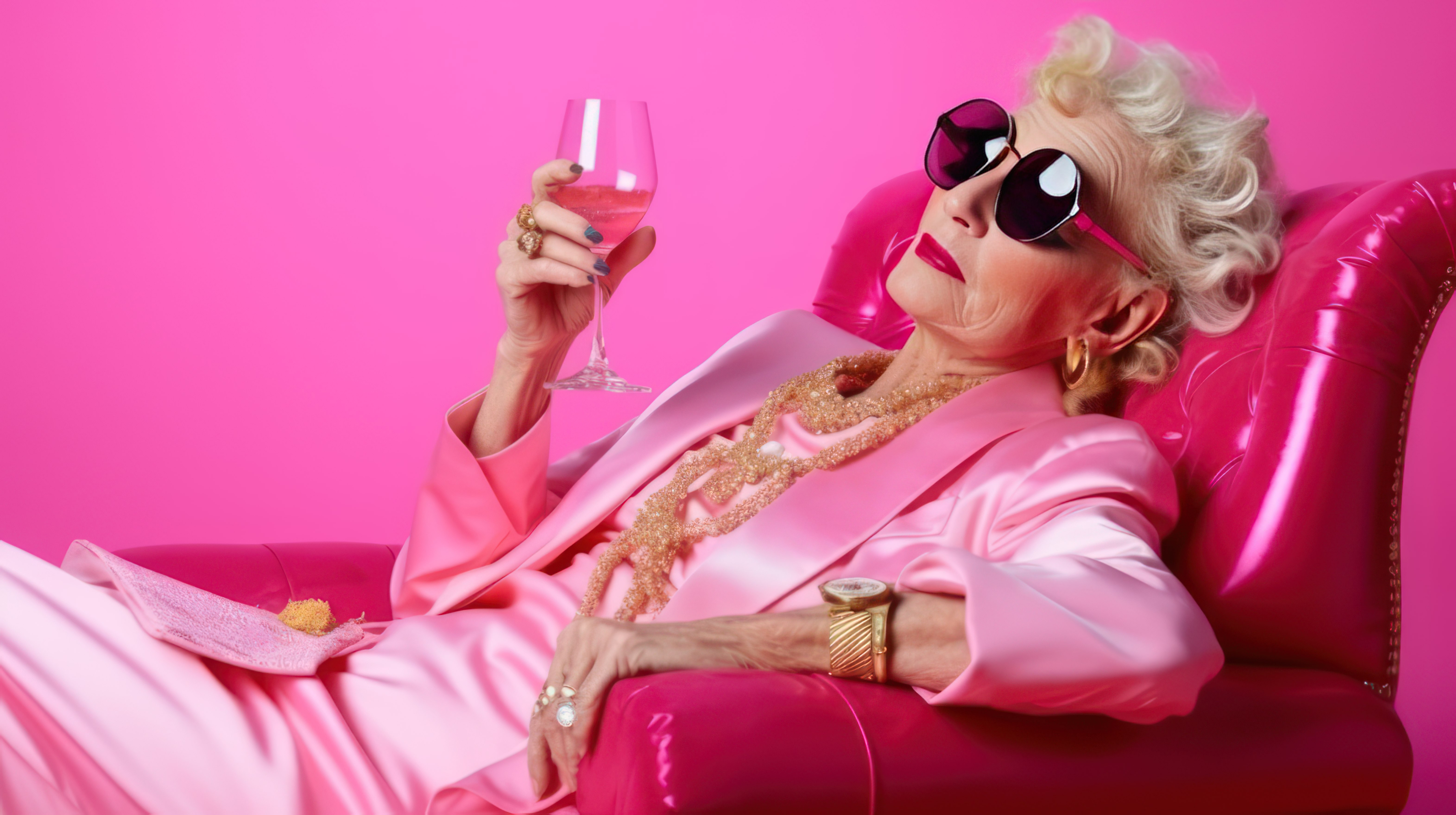 Elegant elderly woman in a pink suit lounging in a chair and drinking a glass of Siprano non-alcoholic wine.